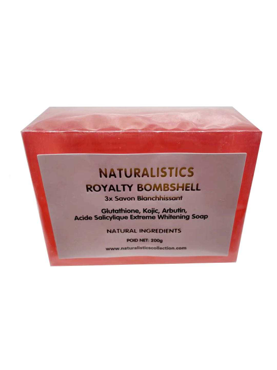 Naturalistics Royalty Bombshell 3x Savon Blanchhissant 24k gold Glutathione, Kojic Acid, Arbutin, Acid Salicyilque Extreme Whitening Soap 7oz Naturalistics