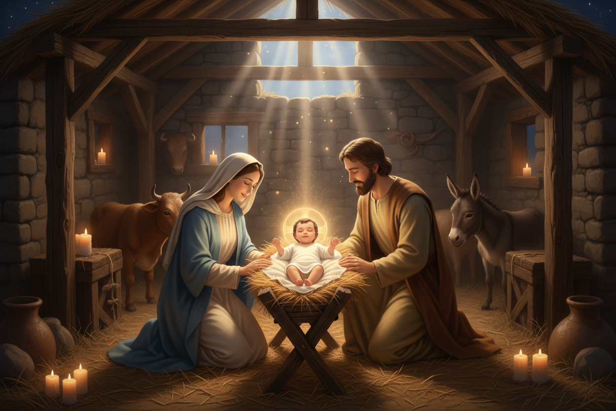 A child was born in a manger in Bethlehem and his name was Jesus Christ